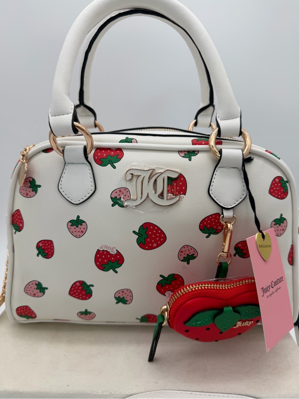 Juicy Couture White Strawberry Print Satchel with Red Strawberry Coin Pouch